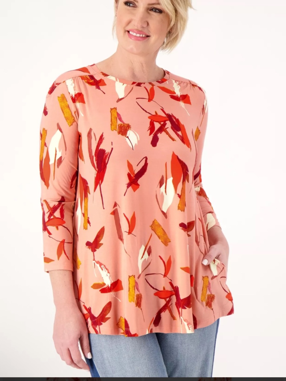 LOGO by Lori Goldstein feather-print tunic top Sz Lg